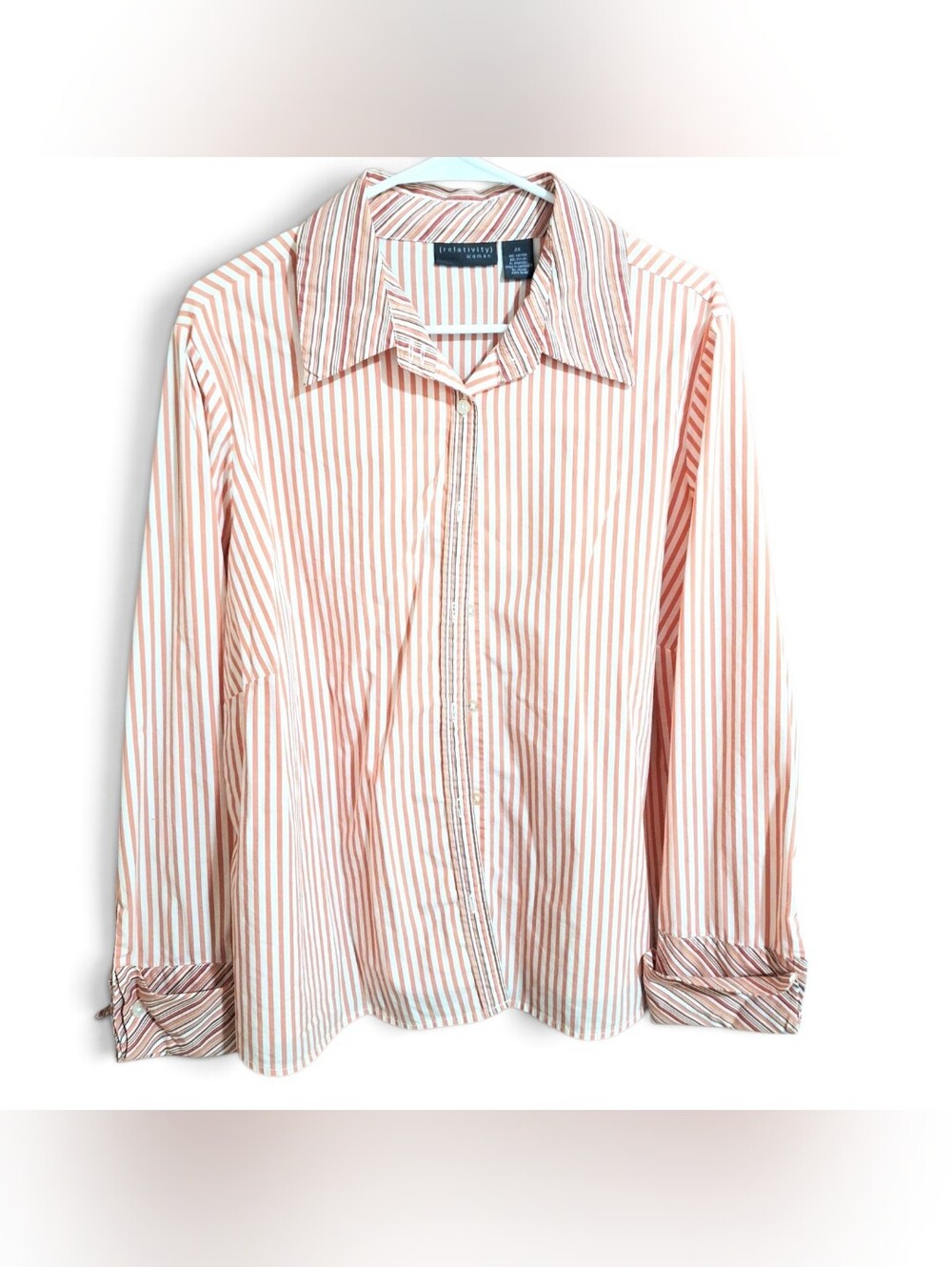 Women's Coral & White Striped Button Up Plus Size Top~2XL